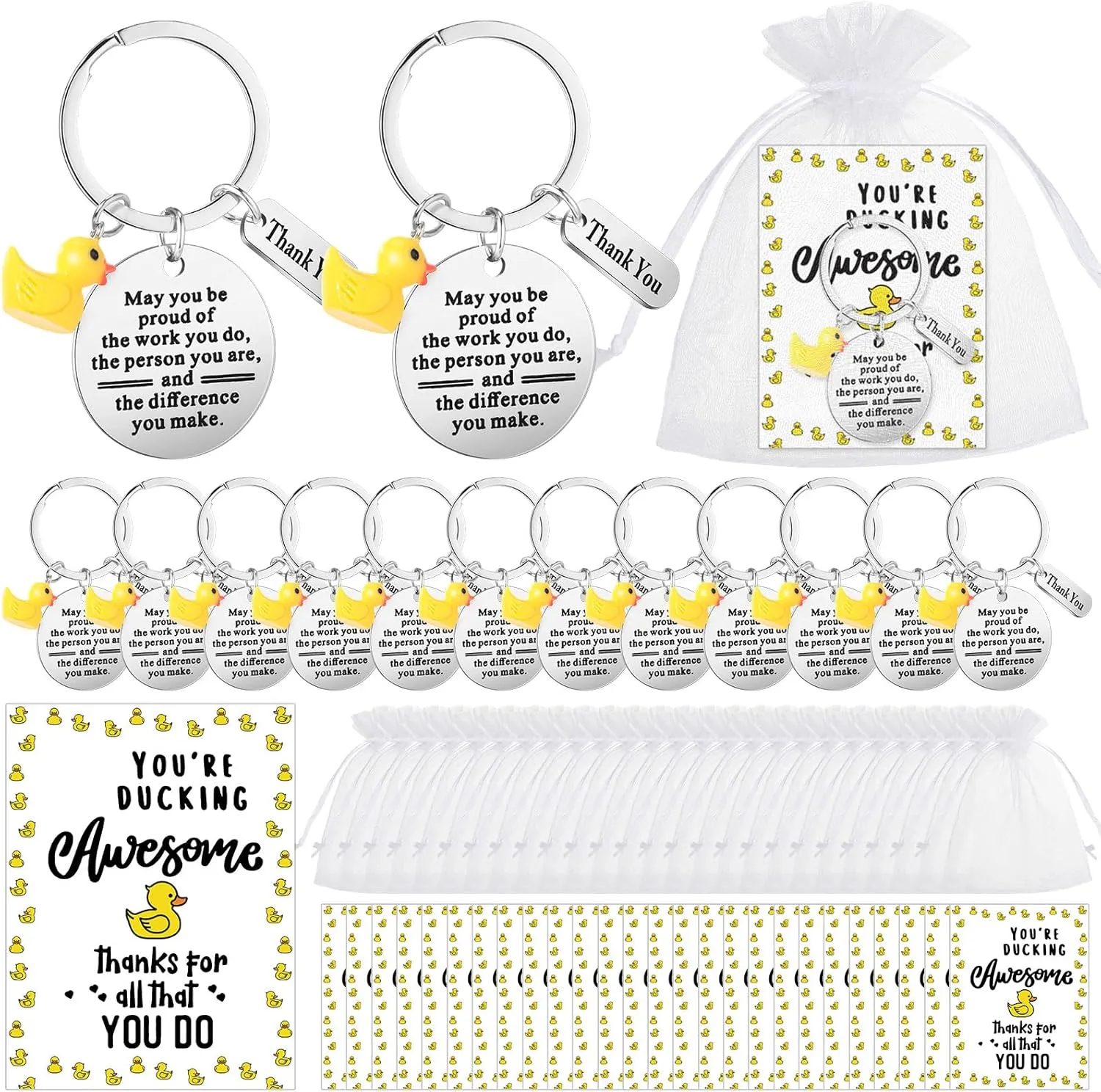 Sasylvia 25 Sets Employee Appreciation Gifts Bulk for Coworker Thank You Gifts Include 3D Duck Charm Keychains Organza Bags Cards Inspirational Favors for Office Staff Teams