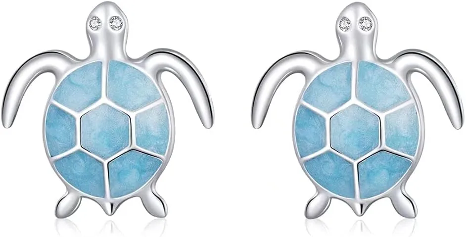 Sea Turtle Stud Earrings for Women: 925 Sterling Silver Opal Hypoallergenic Studs, Cute Beach Ocean Jewelry, Turtle Gifts