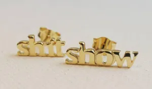 Shit Show Small Sterling Silver Stud Earrings - Birthday Valentine's Mother's Day Gift - Election Year - Funny Handmade Minimalist Jewelry Gift Ideas for Women (yellow-gold-plated-silver)