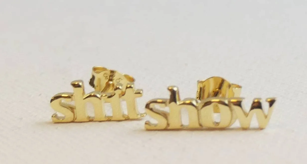 Shit Show Small Sterling Silver Stud Earrings - Birthday Valentine's Mother's Day Gift - Election Year - Funny Handmade Minimalist Jewelry Gift Ideas for Women (yellow-gold-plated-silver)