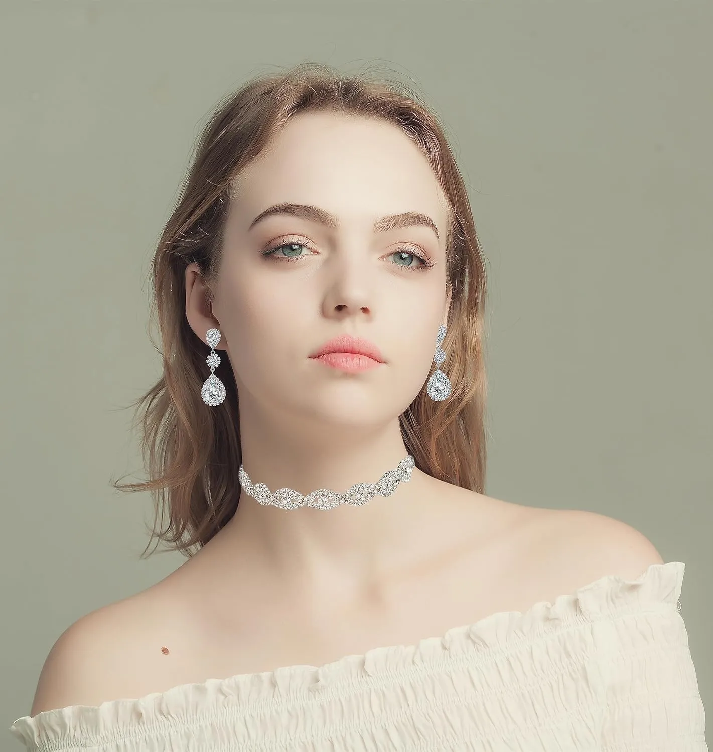 Silver/Gold Plated Bridal Wedding Rhinestone Earrings Bracelet Set for Wedding Brides Bridesmaids Crystal Stone Dangle Drop Earrings Link Tennis Bracelet Set for Women Wedding