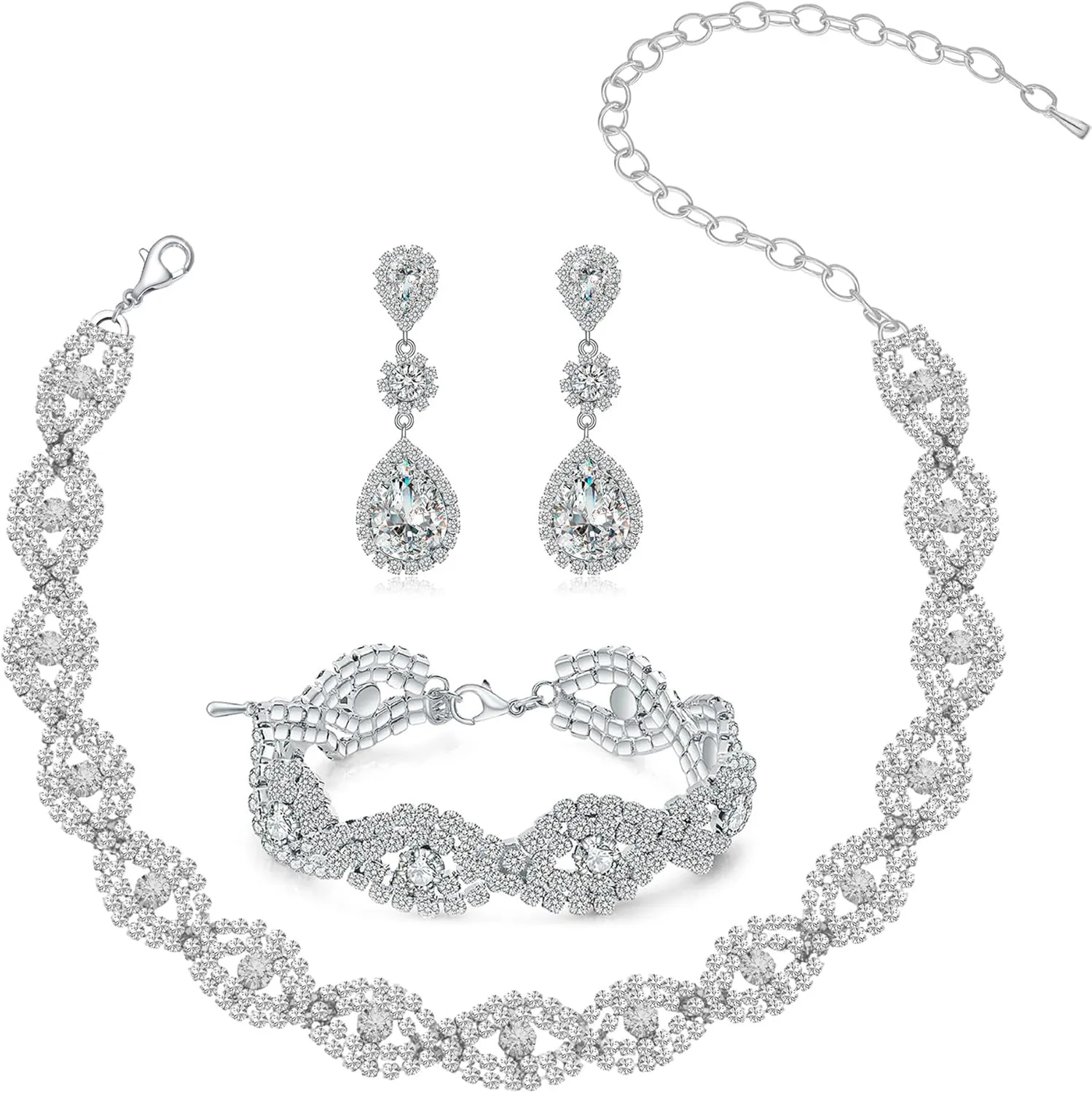 Silver/Gold Plated Bridal Wedding Rhinestone Earrings Bracelet Set for Wedding Brides Bridesmaids Crystal Stone Dangle Drop Earrings Link Tennis Bracelet Set for Women Wedding