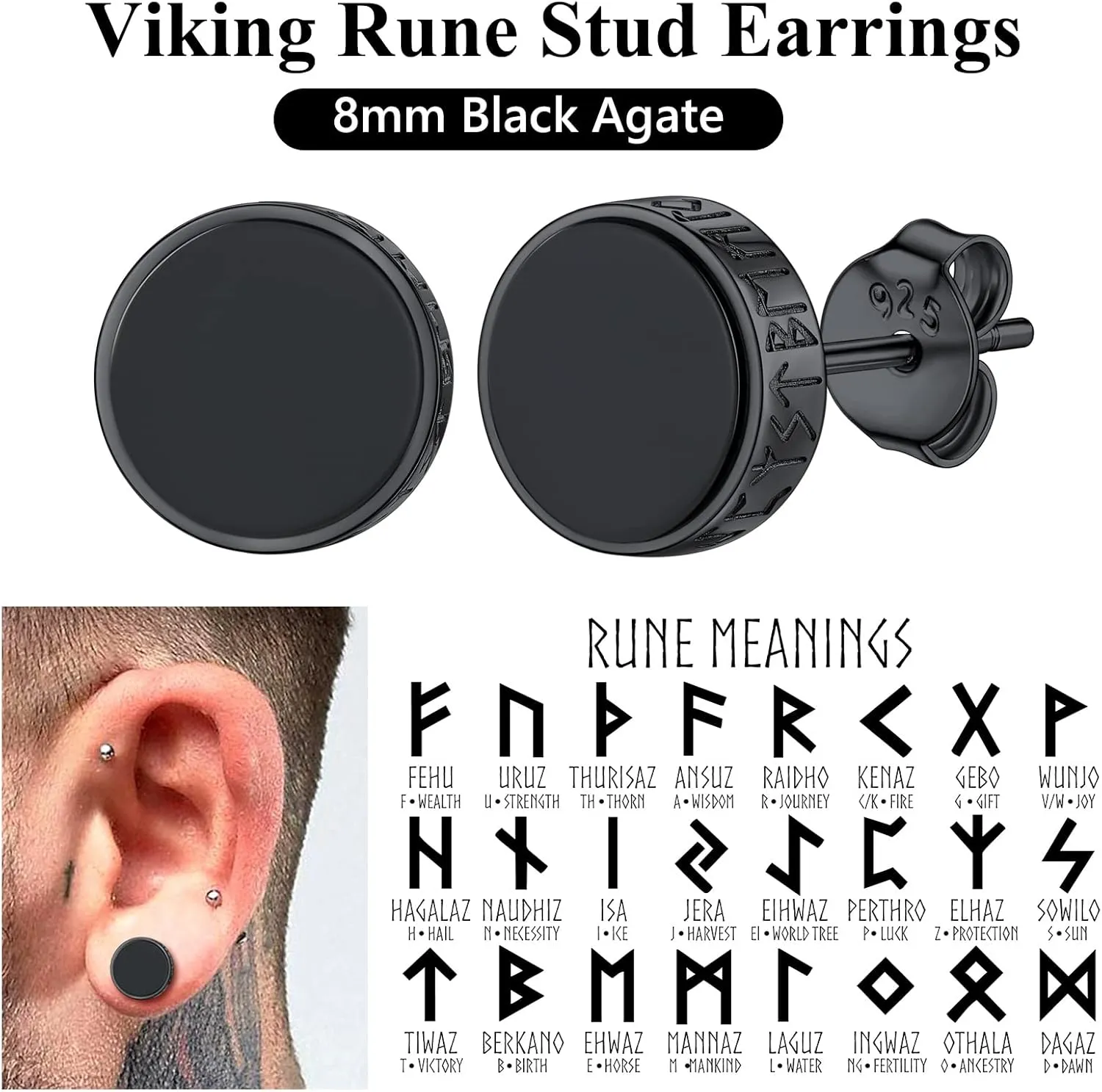 Silvora 925 Sterling Silver Viking Rune Stud Black Earrings For Men Women, Men Earring Stud with Gift Box