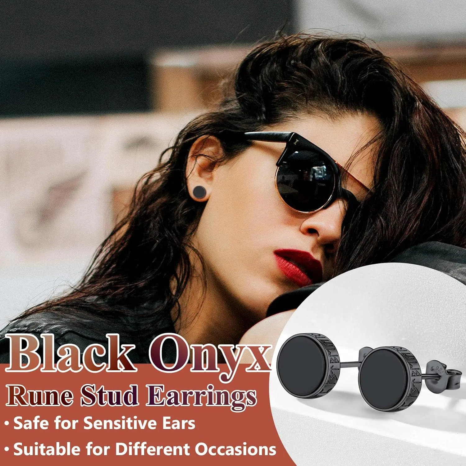 Silvora 925 Sterling Silver Viking Rune Stud Black Earrings For Men Women, Men Earring Stud with Gift Box