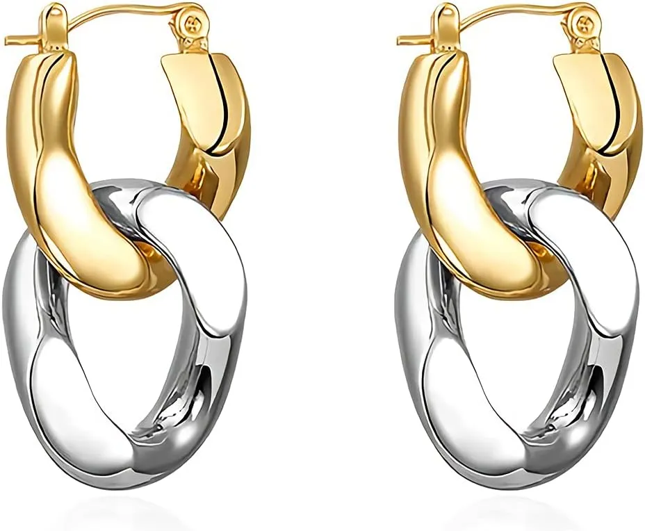 Sloong 14k Gold Plated Chunky Earring Cuban Link Chain Circle Square Hoop Earrings Paperclip Link Chain Jewelry Drop Dangle Earrings set for Women Adult
