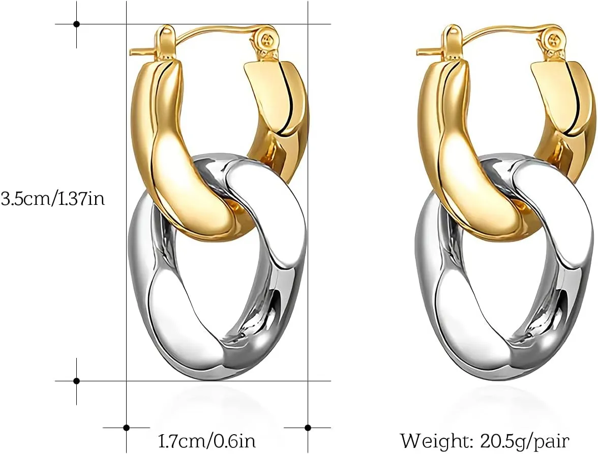Sloong 14k Gold Plated Chunky Earring Cuban Link Chain Circle Square Hoop Earrings Paperclip Link Chain Jewelry Drop Dangle Earrings set for Women Adult