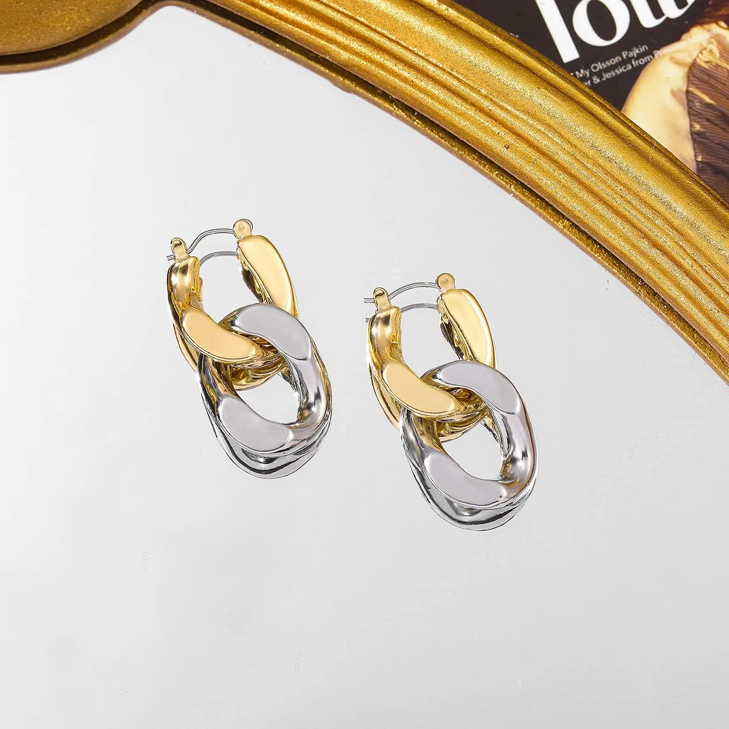 Sloong 14k Gold Plated Chunky Earring Cuban Link Chain Circle Square Hoop Earrings Paperclip Link Chain Jewelry Drop Dangle Earrings set for Women Adult