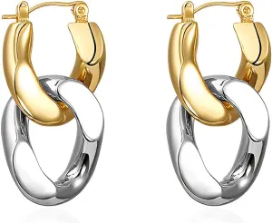 Sloong 14k Gold Plated Chunky Earring Cuban Link Chain Circle Square Hoop Earrings Paperclip Link Chain Jewelry Drop Dangle Earrings set for Women Adult
