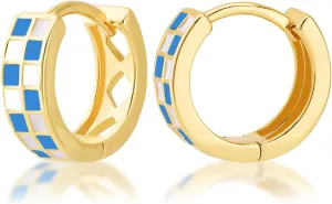 Small Checkered Hoop Earrings, Multicolor Enamel Hoops Earrings for Women, Tiny Round Circle Huggie Hypoallergenic Earrings Piercing Jewellery Gift for Women