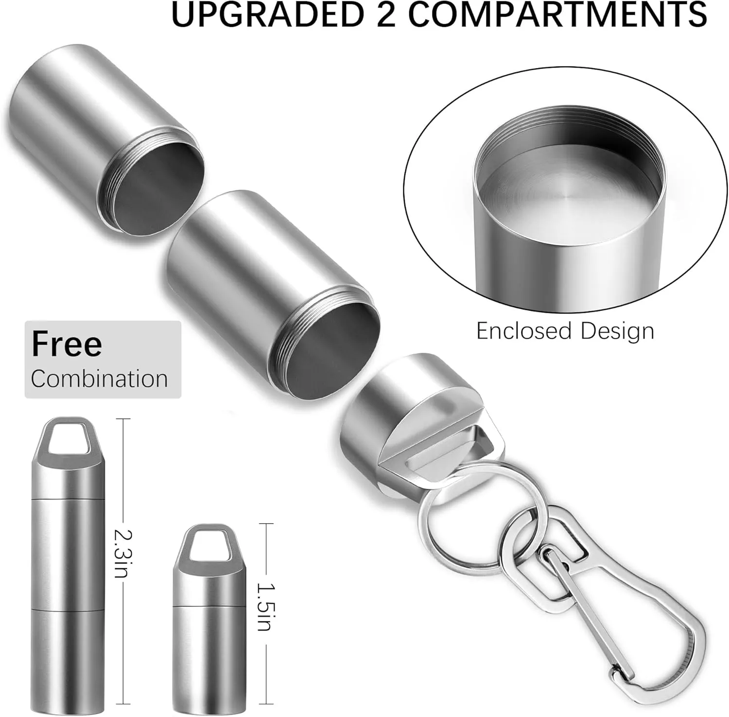 Small Pill Holder Keychain(2 Compartments Design), Portable Metal Pill Case Waterproof Pill Box Container Mini Stainless Steel Pill Organizer for Travel Purse Pocket