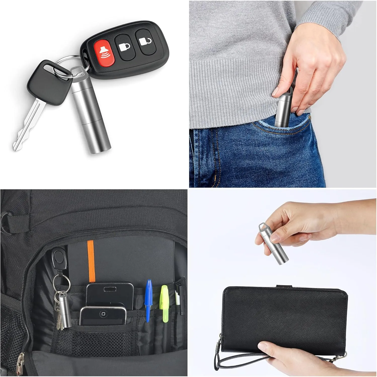 Small Pill Holder Keychain(2 Compartments Design), Portable Metal Pill Case Waterproof Pill Box Container Mini Stainless Steel Pill Organizer for Travel Purse Pocket
