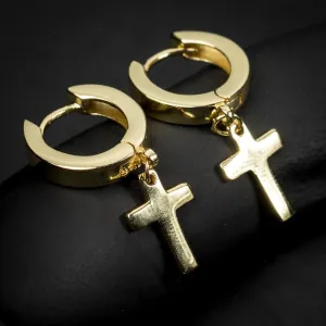 Solid Yellow Gold Plated 925 Sterling Silver Drop Dangle Cross Huggie Hoop Earrings Trendy Cross Earrings For Men Women Small 12mm Huggie Hoops Dangling Earrings for Men Hypoallergenic Lightweight
