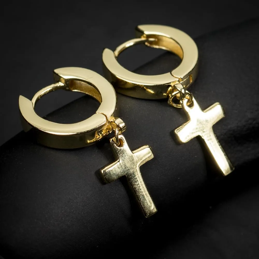 Solid Yellow Gold Plated 925 Sterling Silver Drop Dangle Cross Huggie Hoop Earrings Trendy Cross Earrings For Men Women Small 12mm Huggie Hoops Dangling Earrings for Men Hypoallergenic Lightweight
