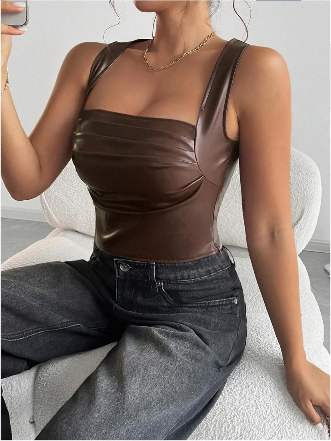 SOLY HUX Women's PU Leather Square Neck Tank Tops Sleeveless Slim Fitted Party Club Crop Top