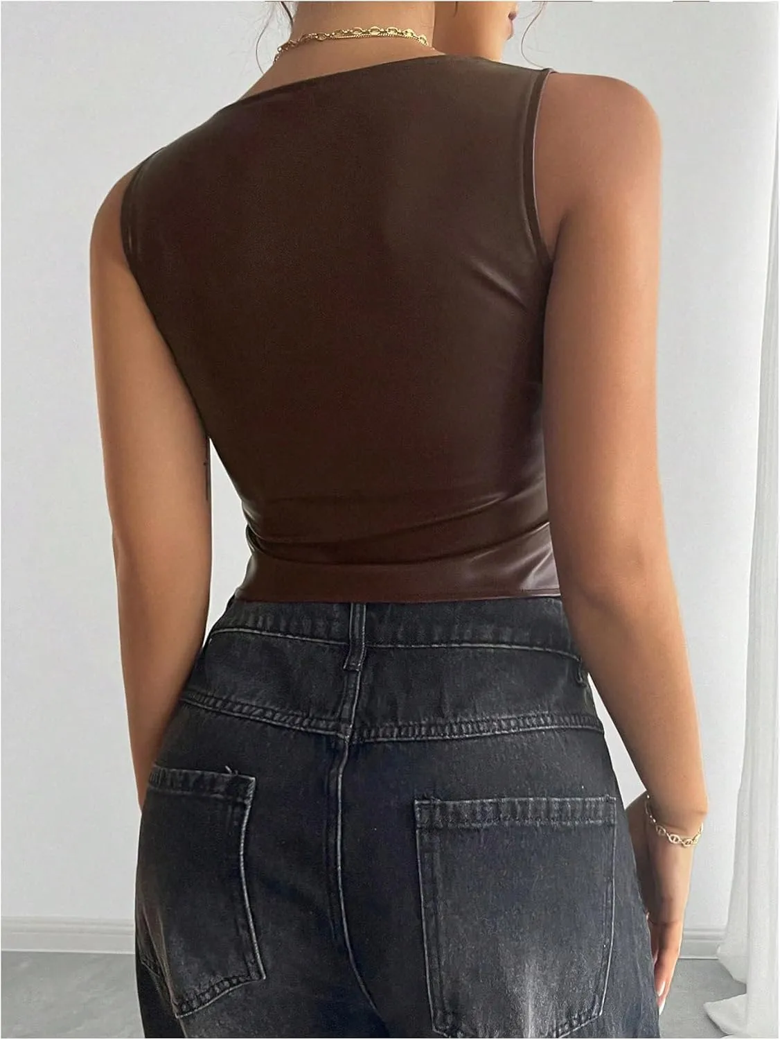 SOLY HUX Women's PU Leather Square Neck Tank Tops Sleeveless Slim Fitted Party Club Crop Top