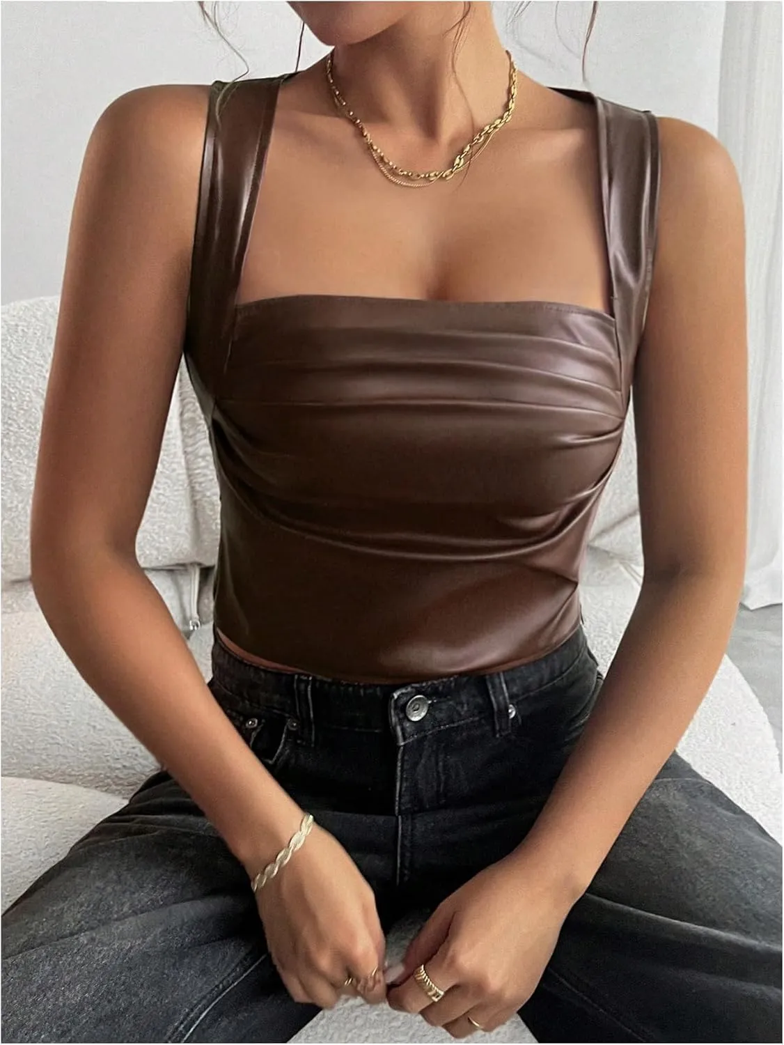 SOLY HUX Women's PU Leather Square Neck Tank Tops Sleeveless Slim Fitted Party Club Crop Top