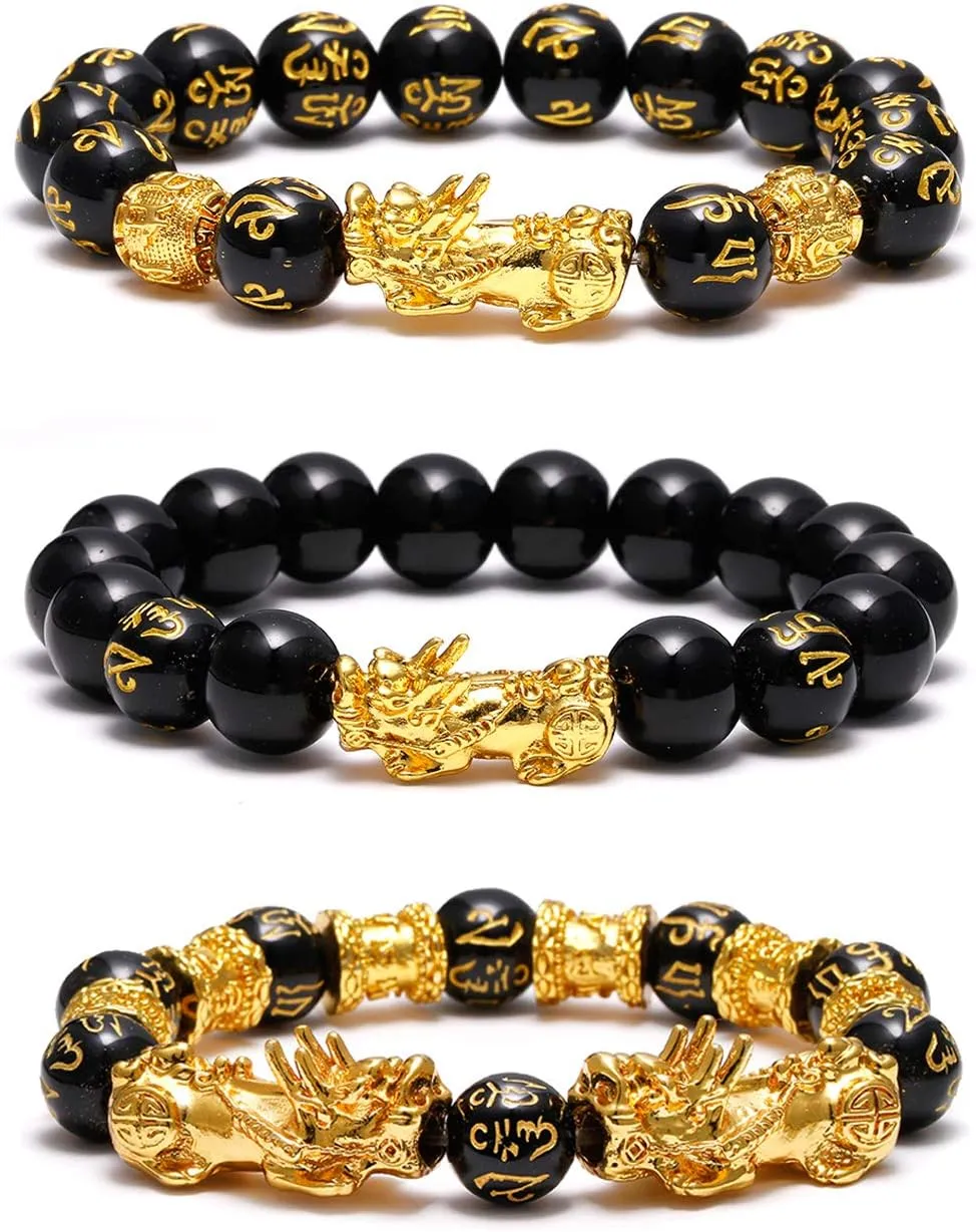 SOOWOOT Feng Shui Wealth And Luck Bracelet for Men Women: 3Pcs set with Pixiu and black obsidian. It brings prosperity, offers protection, attracts good fortune and repels evil spirits