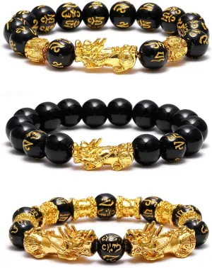 SOOWOOT Feng Shui Wealth And Luck Bracelet for Men Women: 3Pcs set with Pixiu and black obsidian. It brings prosperity, offers protection, attracts good fortune and repels evil spirits