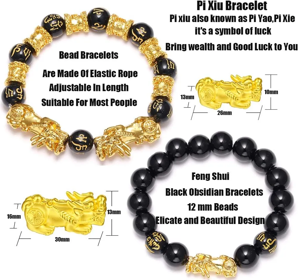 SOOWOOT Feng Shui Wealth And Luck Bracelet for Men Women: 3Pcs set with Pixiu and black obsidian. It brings prosperity, offers protection, attracts good fortune and repels evil spirits