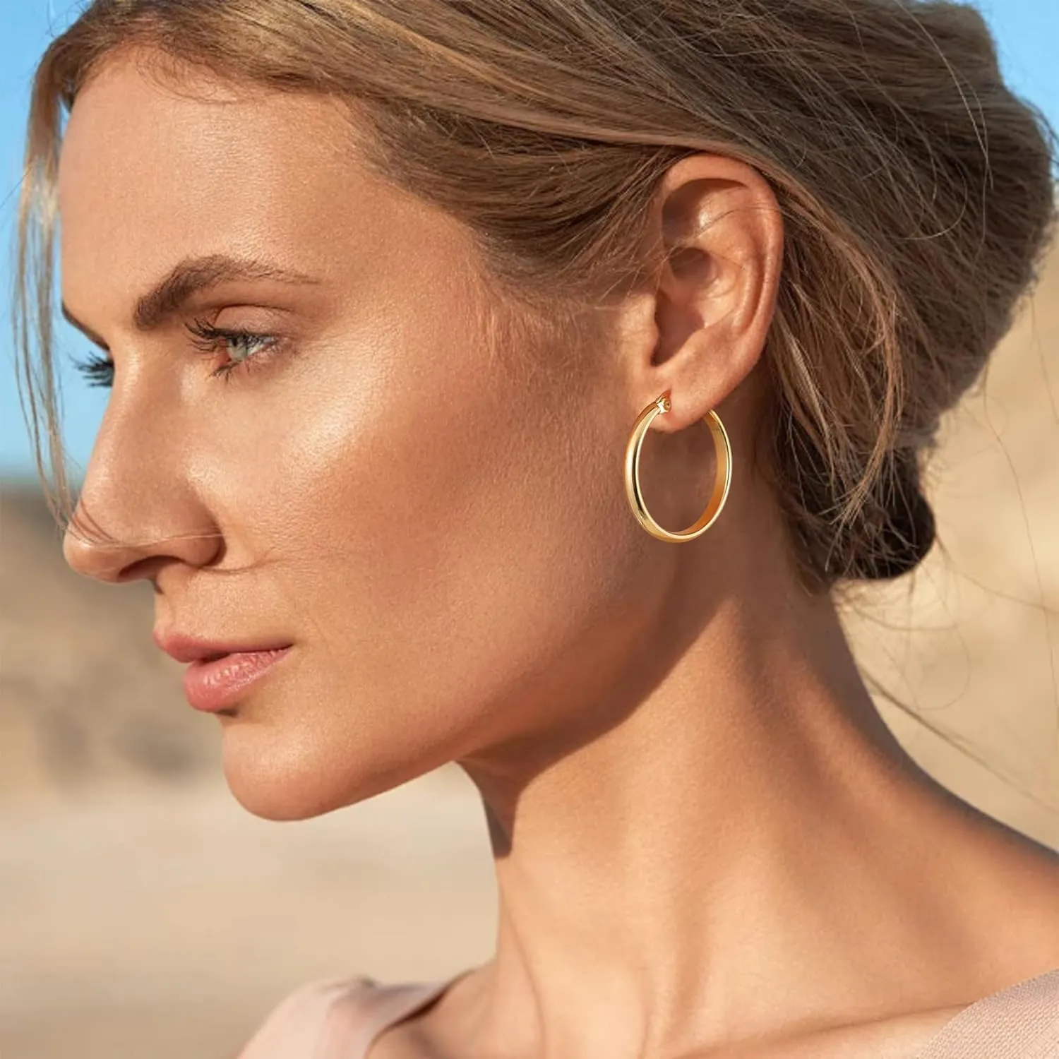 sovesi 3mm Wide Gold Hoop Earrings for Women, 14K Gold Plated Hoop Earrings, Hypoallergenic Gold Hoops.