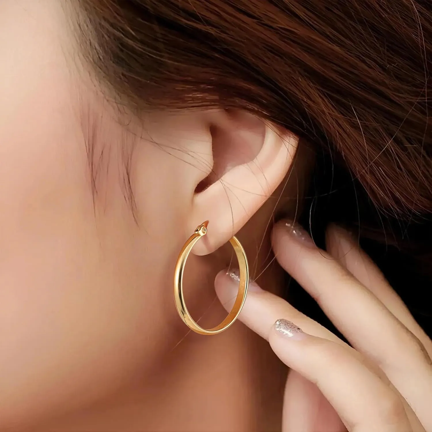 sovesi 3mm Wide Gold Hoop Earrings for Women, 14K Gold Plated Hoop Earrings, Hypoallergenic Gold Hoops.