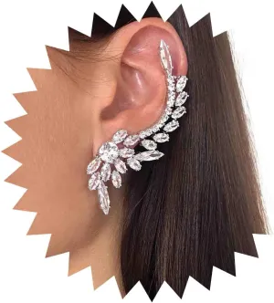 Sparkly Rhinestone Ear Cuff Earring Silver Crystal Ear Climber Earring Crystal Leaf Ear Cuff Crawler Earring Rhinestone Leaf Cuff Wrap Earring Bling Cluster Cz Bridal Earring Jewelry