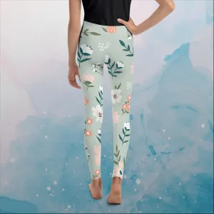 Spring Green Floral Pattern Youth Leggings