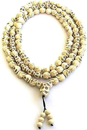 Strand Bracelets - 8MM White Stone Natural Gem Stone Howlite Beads Hand Carved Skull Tibetan Buddhist 108 Prayer Beaded Mala Bracelet or Necklace 108mm