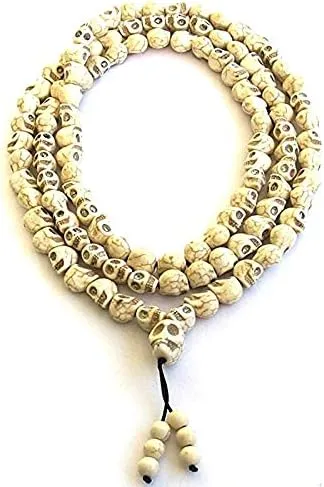 Strand Bracelets - 8MM White Stone Natural Gem Stone Howlite Beads Hand Carved Skull Tibetan Buddhist 108 Prayer Beaded Mala Bracelet or Necklace 108mm