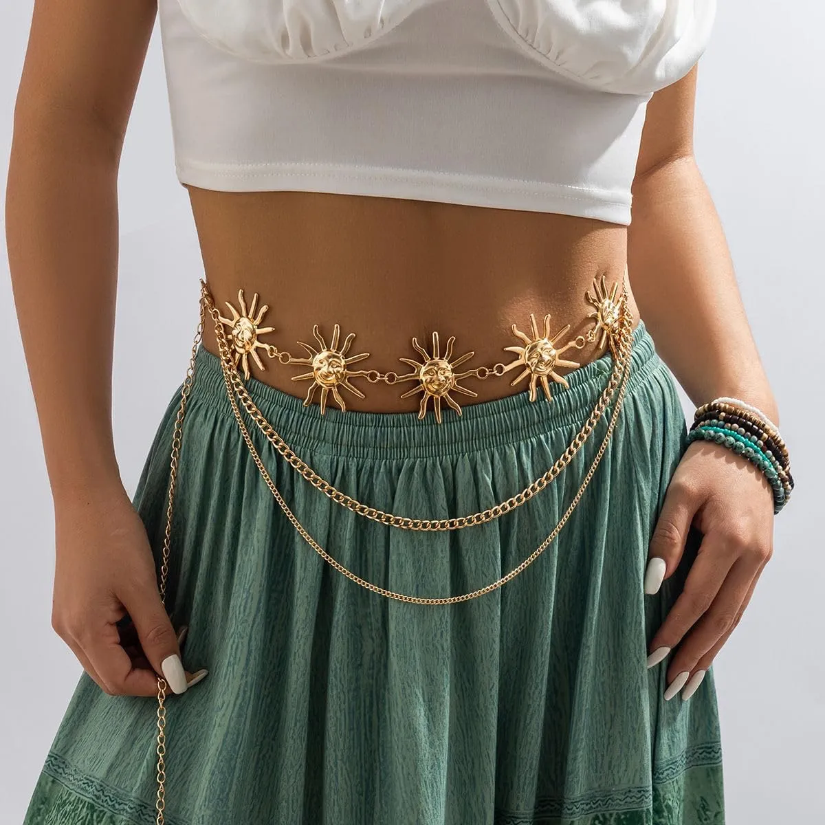 Sun Moon Metal Waist Chain Body Belly Belt Metal Waist Chain Jewelry Accessories Gold Silver Belts for Women Girls