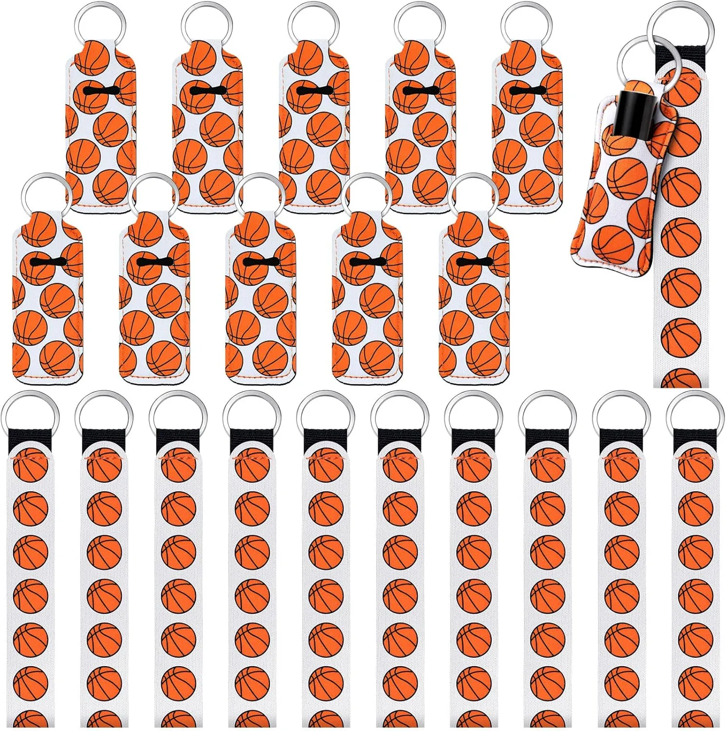 Sureio 20 Pieces Basketball Lipstick Holder Keychains Lanyard Set Basketball Gift for Team, Sport Them Wristlet