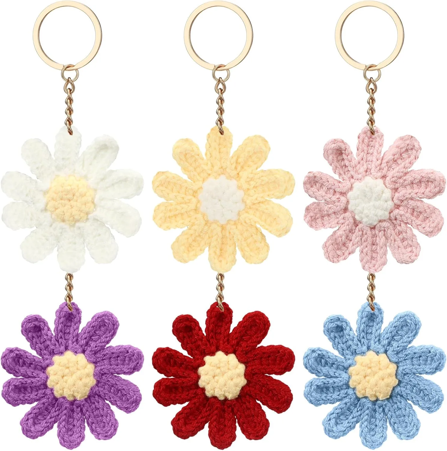 Sureio 6 Pcs Cute Daisy Keychain Crochet Daisy Wallet Purse Accessories Flower Bag Charms for Women Handmade Floral Keyring Decor Gifts Purse Accessories