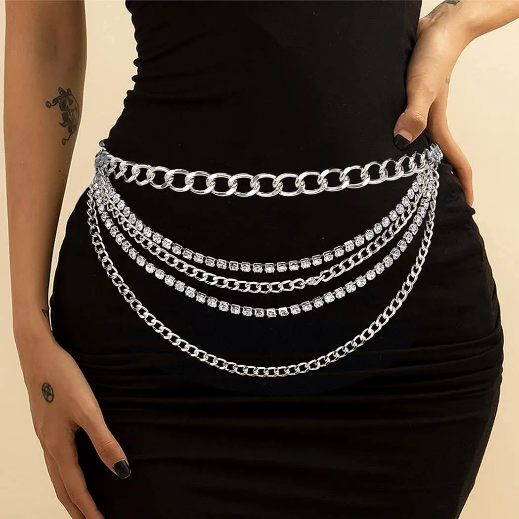 Suyi Multilayer Chain Belt Rhinestone Metal Chain Belts for Women Punk Gold Waist Chain