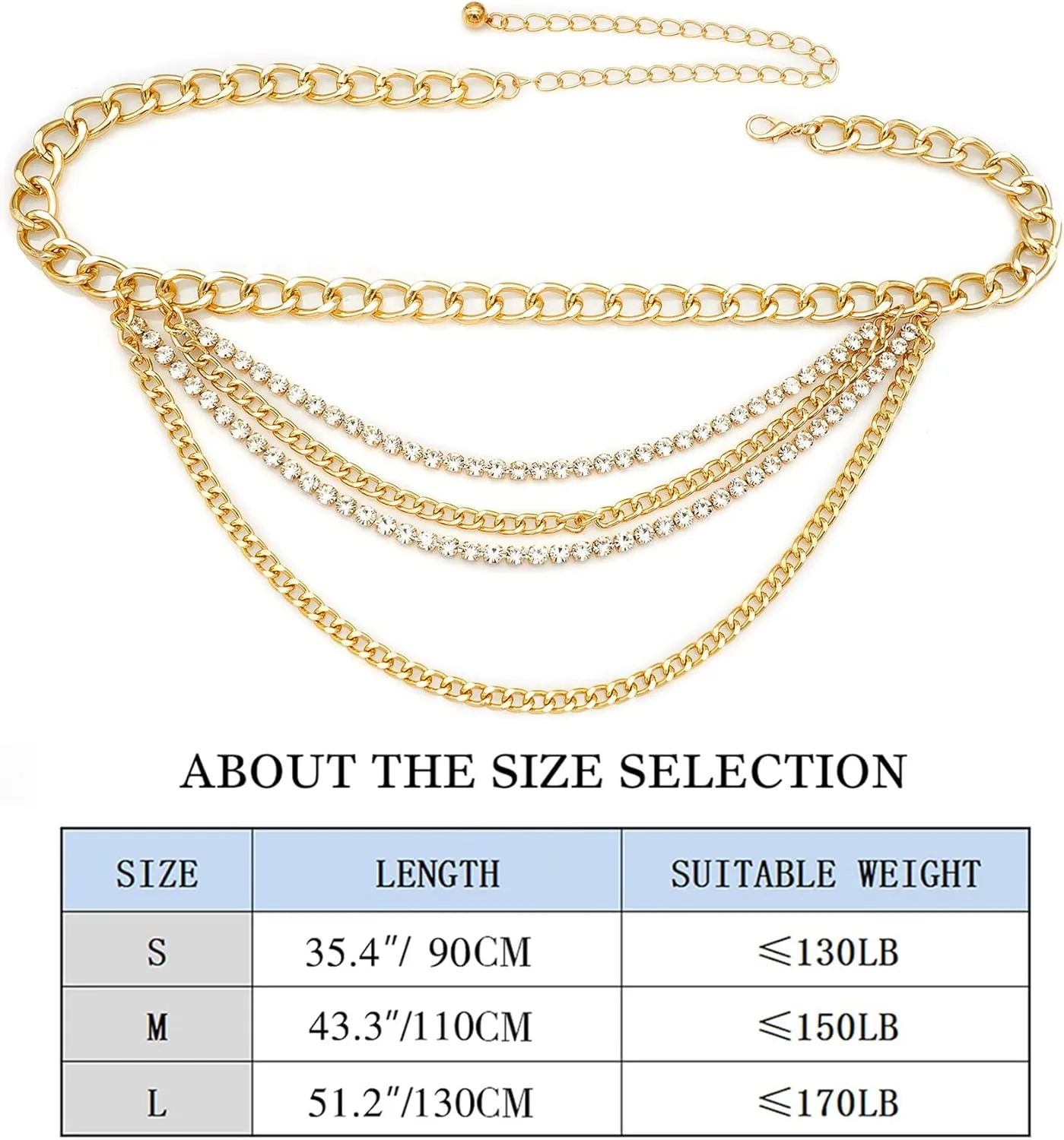 Suyi Multilayer Chain Belt Rhinestone Metal Chain Belts for Women Punk Gold Waist Chain