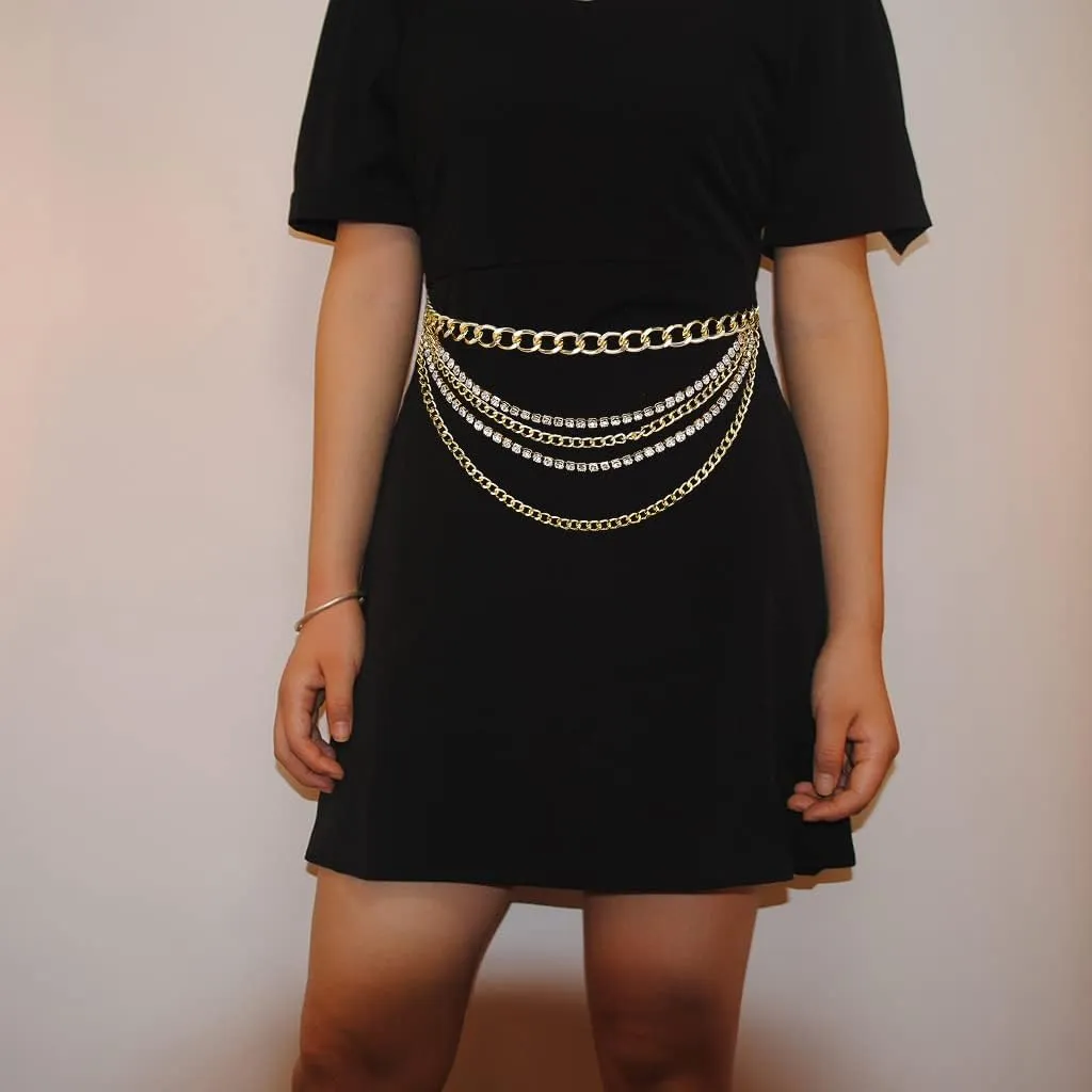 Suyi Multilayer Chain Belt Rhinestone Metal Chain Belts for Women Punk Gold Waist Chain