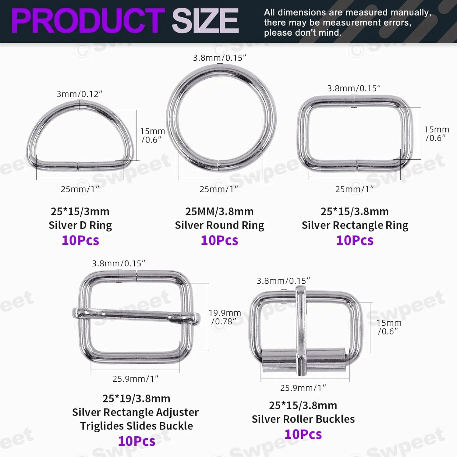 Swpeet 5 Style Metal Buckles - Adjustable Slide, D Ring, Circular Ring