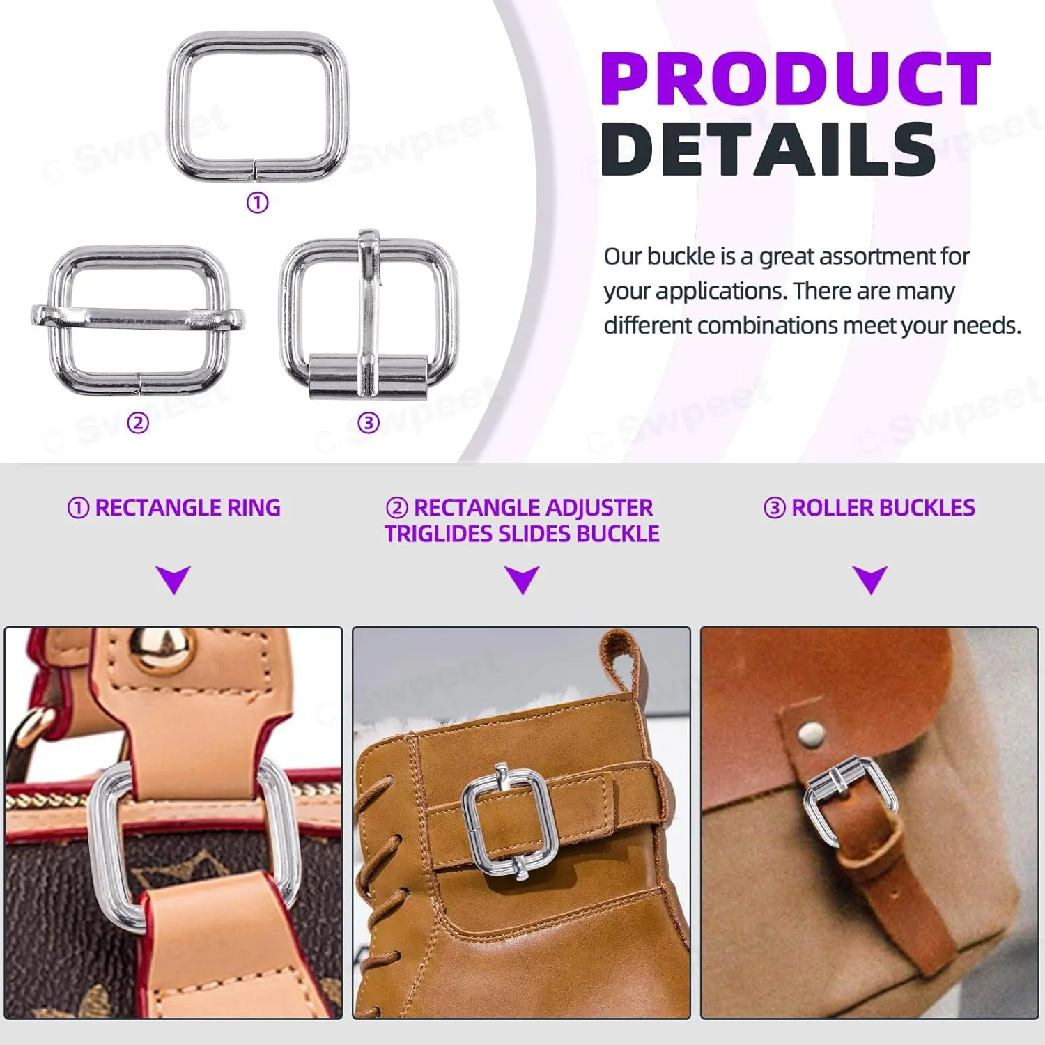 Swpeet 5 Style Metal Buckles - Adjustable Slide, D Ring, Circular Ring