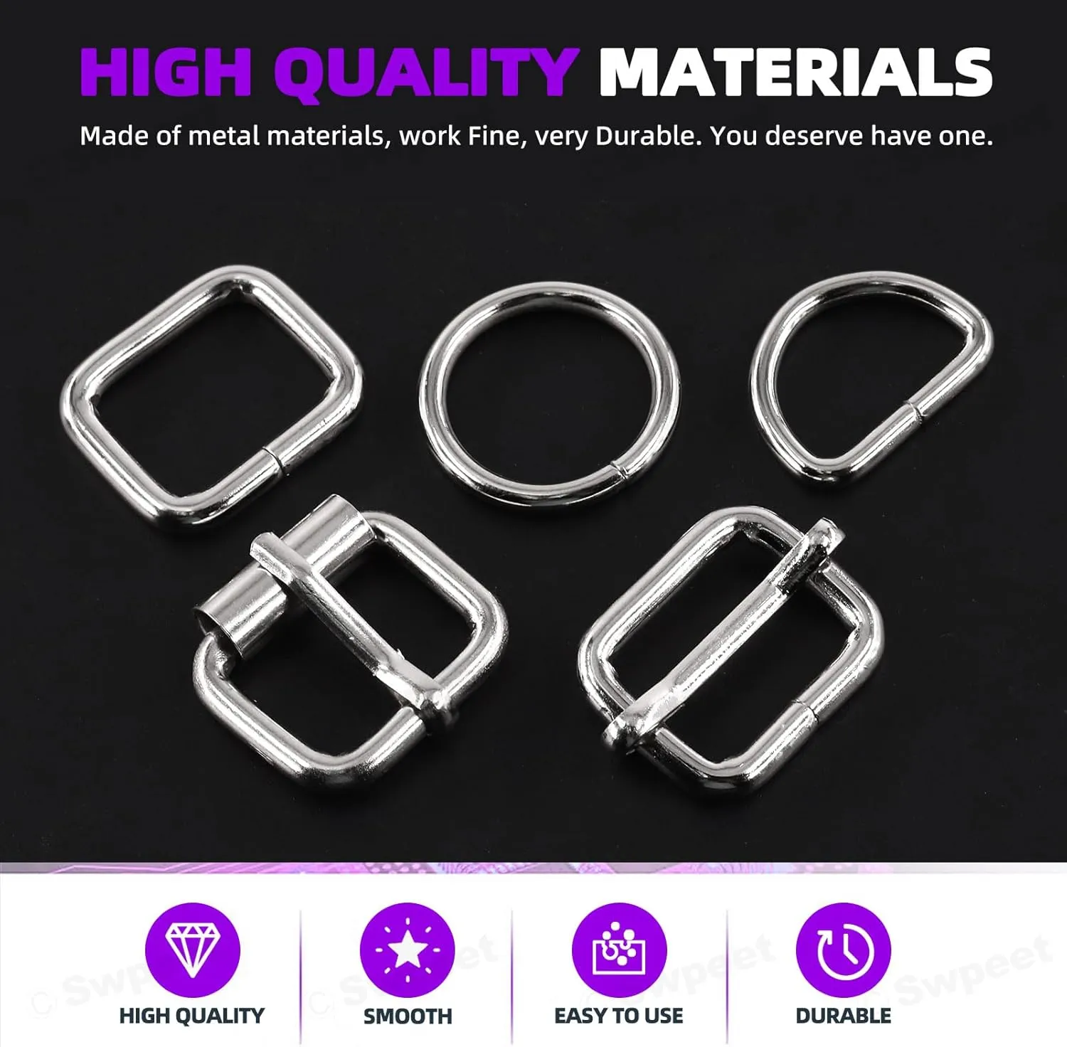 Swpeet 5 Style Metal Buckles - Adjustable Slide, D Ring, Circular Ring