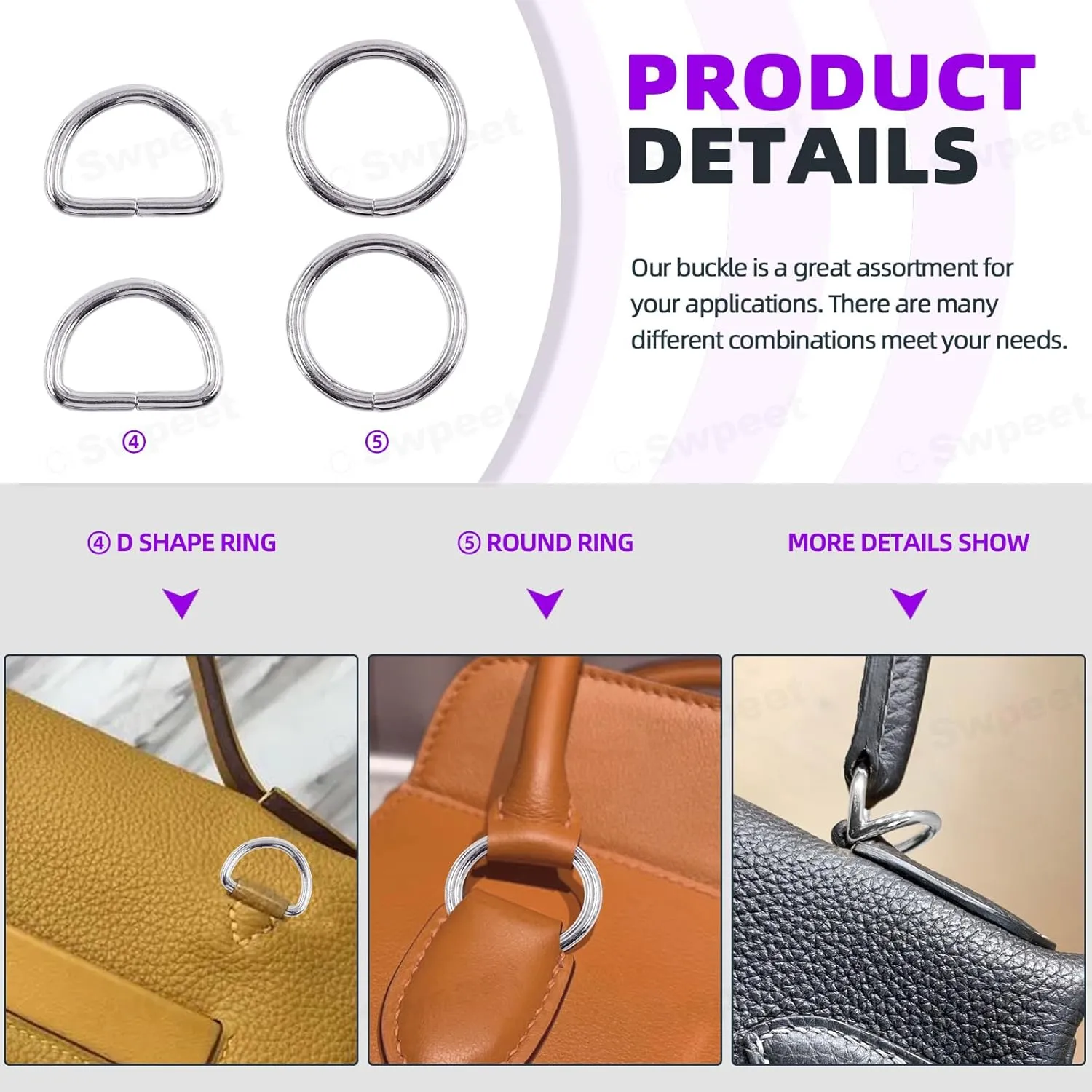 Swpeet 5 Style Metal Buckles - Adjustable Slide, D Ring, Circular Ring