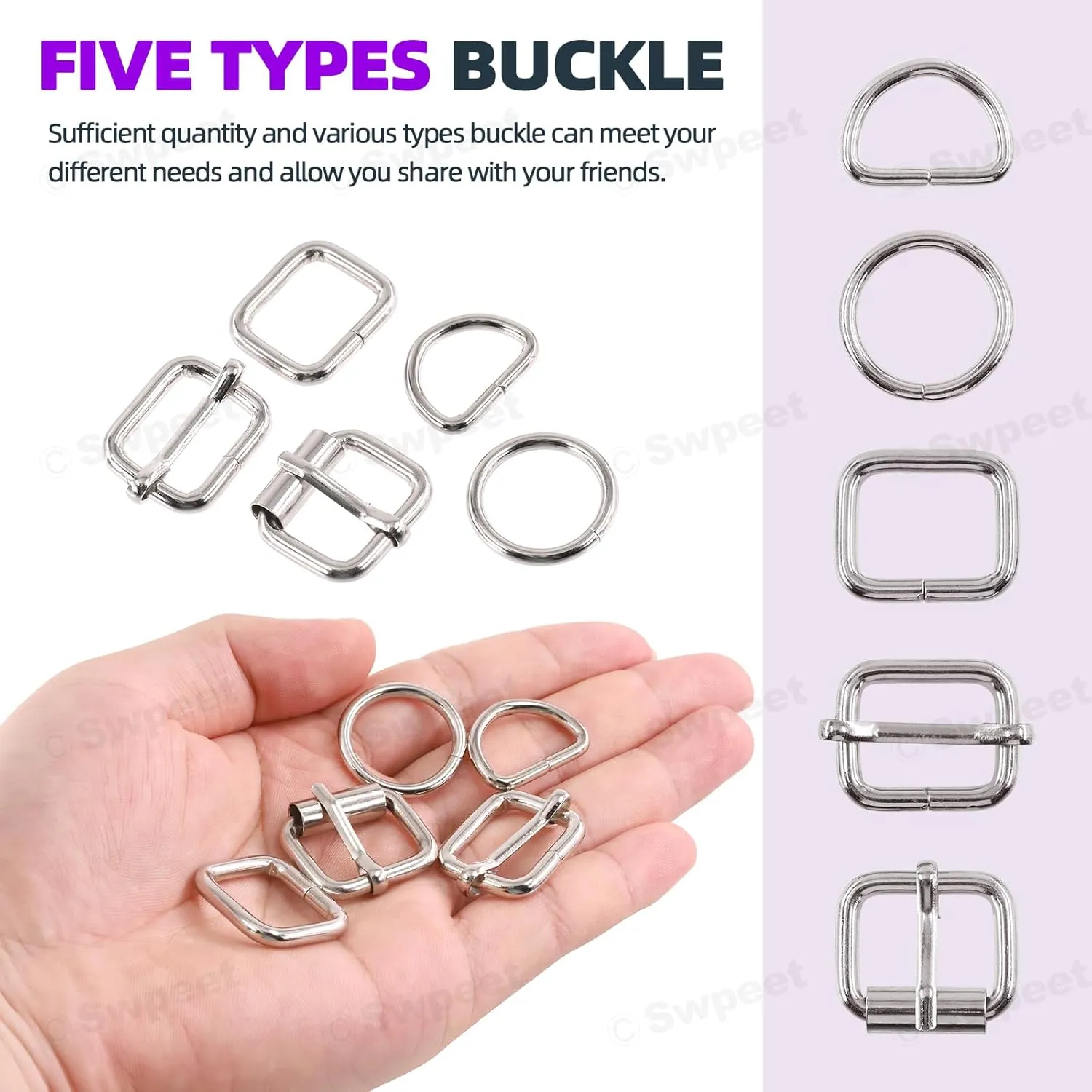 Swpeet 5 Style Metal Buckles - Adjustable Slide, D Ring, Circular Ring