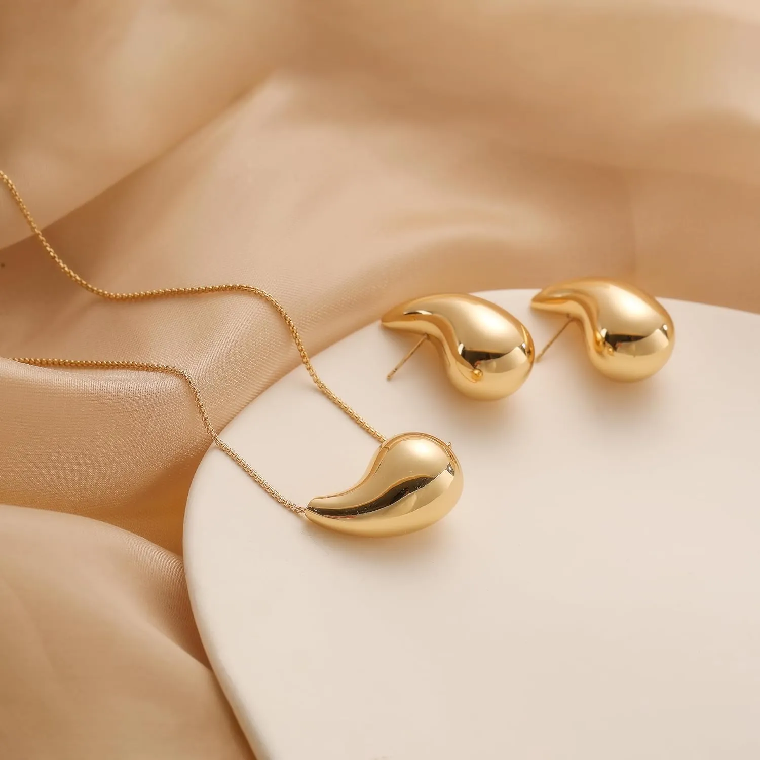 Teardrop Necklace Earrings Jewelry Set for Women, Dupes Drop Dainty 14k Gold Plated Water Hypoallergenic Pendant Necklace