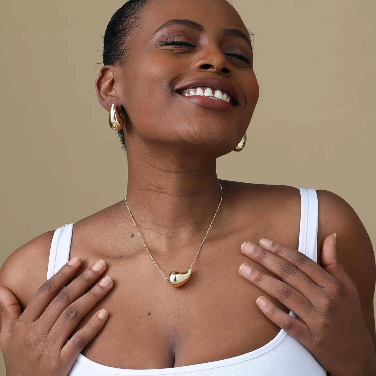 Teardrop Necklace Earrings Jewelry Set for Women, Dupes Drop Dainty 14k Gold Plated Water Hypoallergenic Pendant Necklace