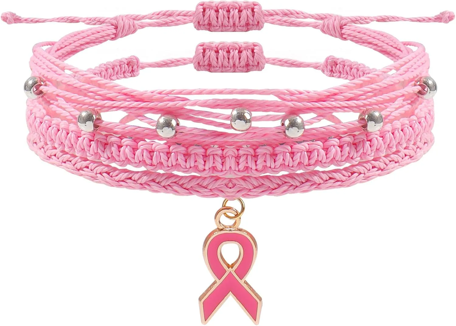 tenghong2021 Braided Pink Ribbon Breast Cancer Awareness Bracelets for Women Handwoven Multilayer Rope Cord Thread Morse Code Inspirational Gift Infinity Love Jewelry