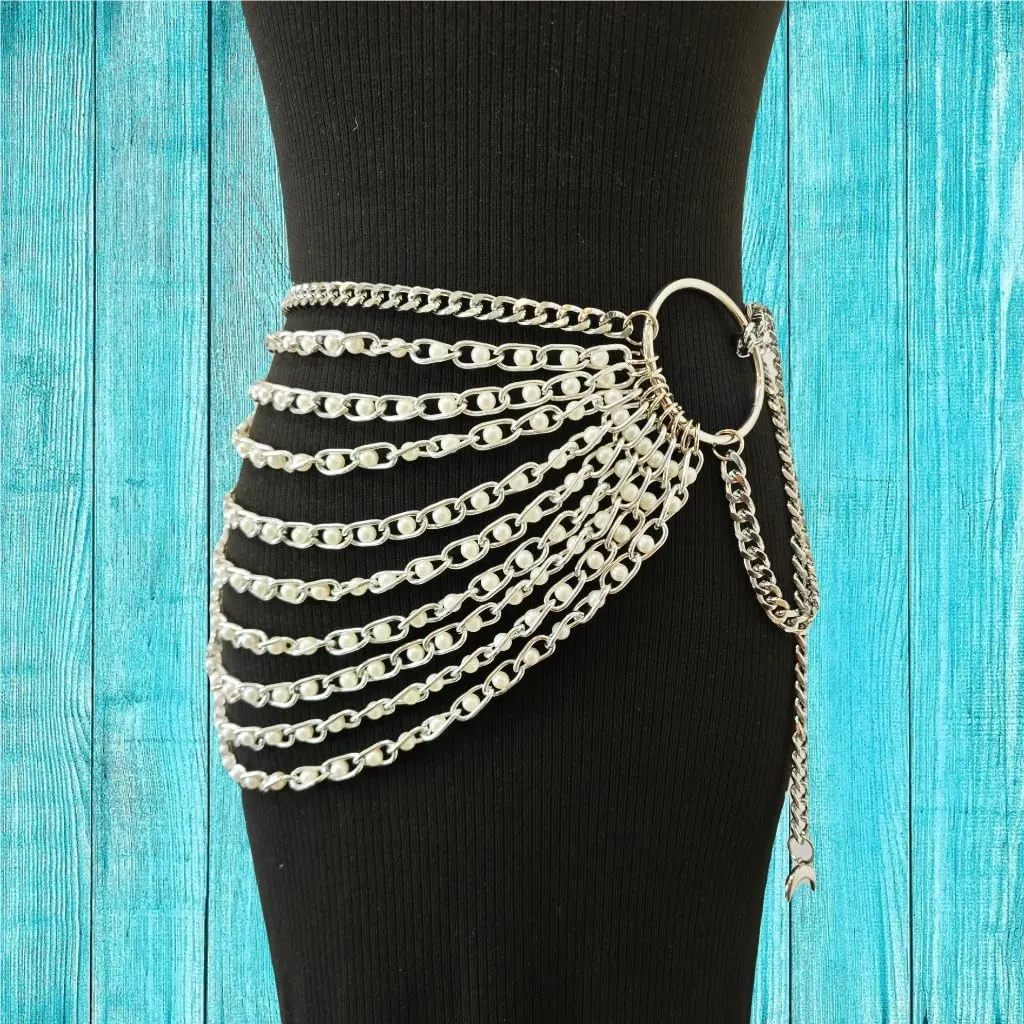 THREEBOY Women Apparel Belts Fashion Sexy Multilayer Metal Pearl Waist Chain Belt