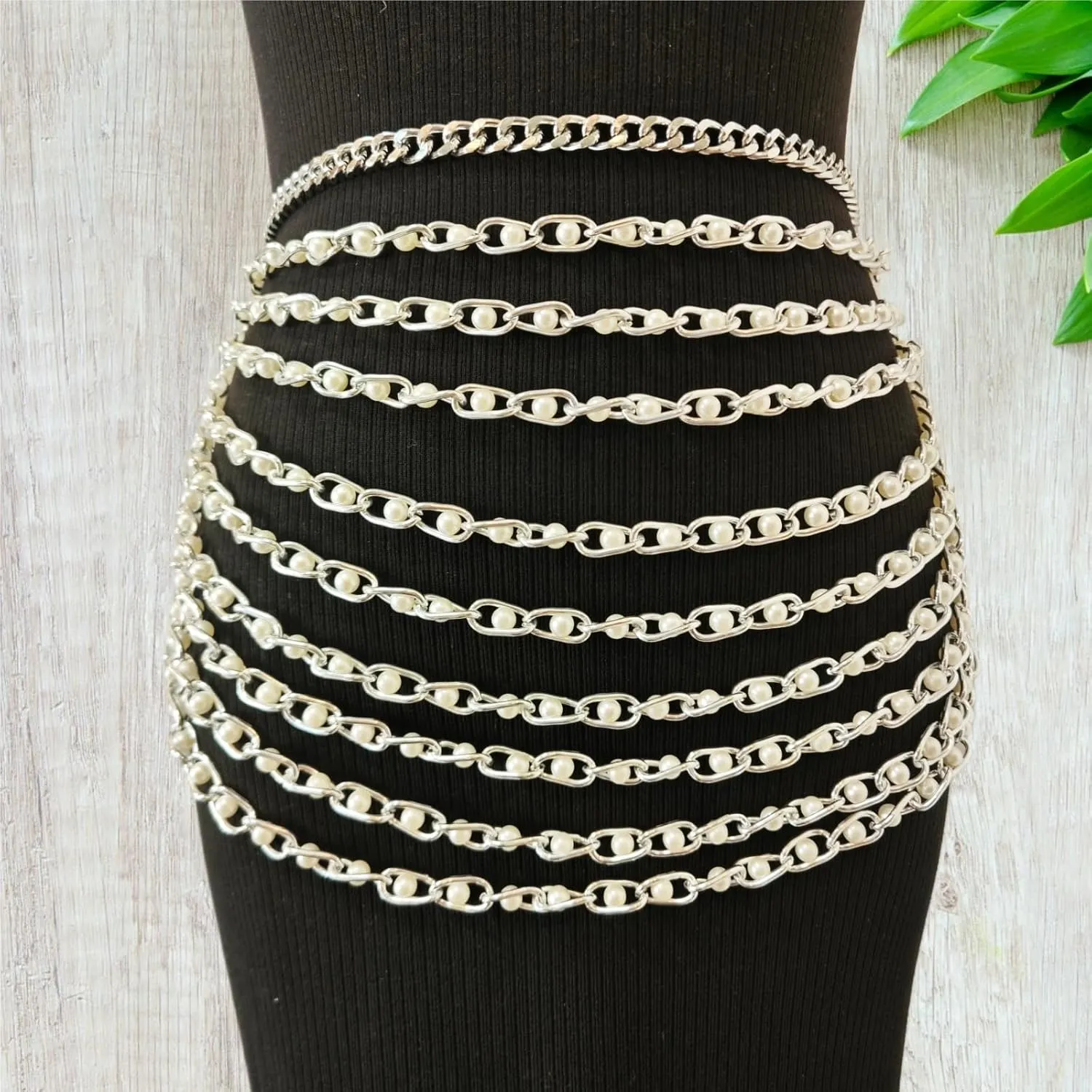 THREEBOY Women Apparel Belts Fashion Sexy Multilayer Metal Pearl Waist Chain Belt