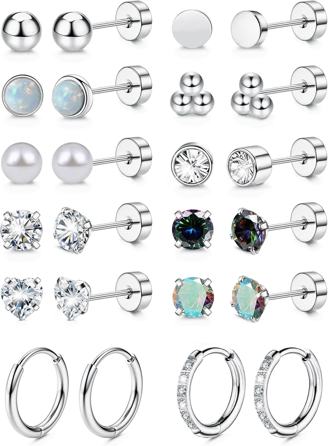 Titanium Surgical Steel Earrings for Women Men Hypoallergenic Opal Pearl Ball Heart CZ Flat Back Cartilage Earring Sets