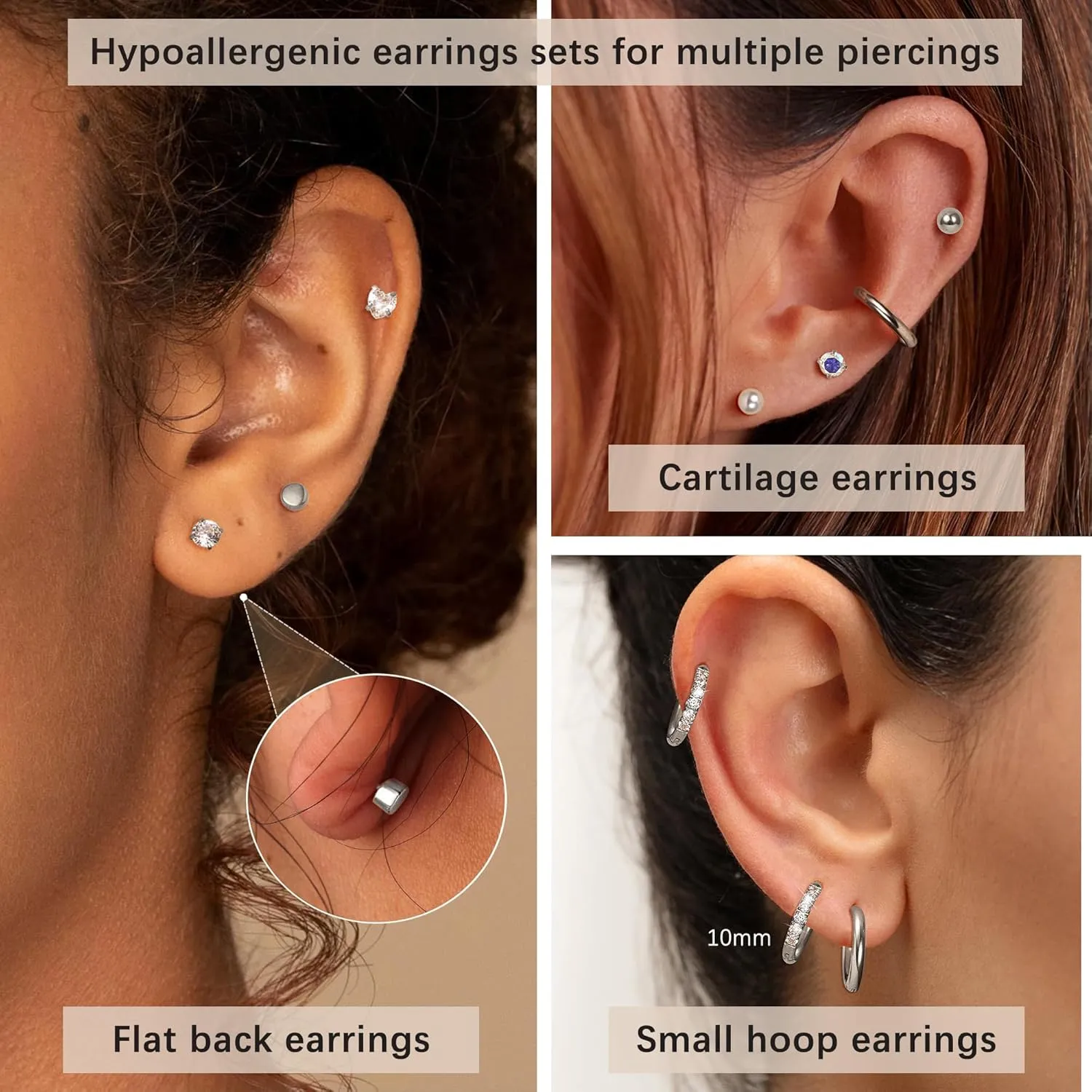 Titanium Surgical Steel Earrings for Women Men Hypoallergenic Opal Pearl Ball Heart CZ Flat Back Cartilage Earring Sets