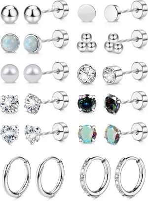 Titanium Surgical Steel Earrings for Women Men Hypoallergenic Opal Pearl Ball Heart CZ Flat Back Cartilage Earring Sets