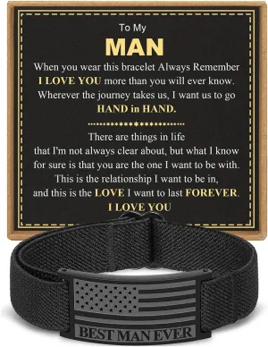 To My Man/Husband/Son Bracelet Gifts, American Flag Black Elastic Stretch Bracelets Valentines Birthday Anniversary Christmas Best Ever Gifts for Men Boys