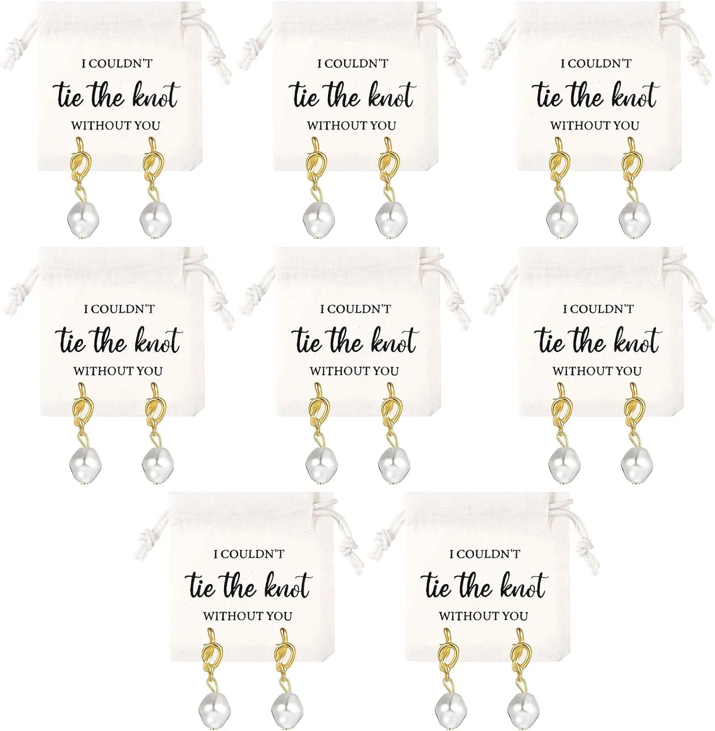 Tondiamo 8 Sets Bridesmaids Gifts Bridesmaid Pearl Jewelry Bridesmaid Knot Pearl Earrings and Linen Cotton Small Drawstring Bags Wedding Bridesmaids Gifts I Couldn't Tie the Knot Without You